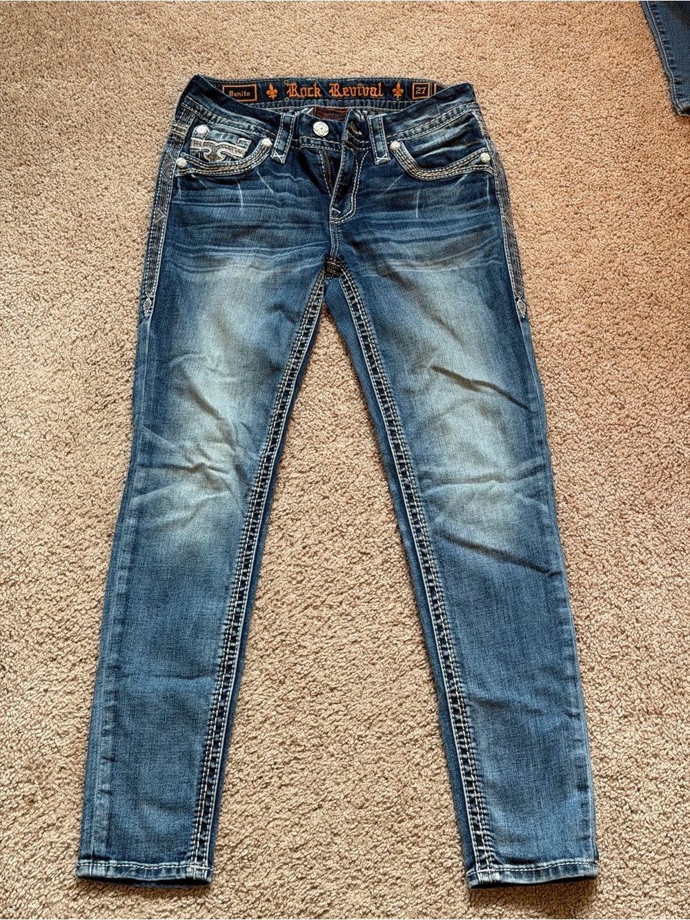 Rock Revival Women's Faded Blue Skinny Jeans with Contrast Stitching